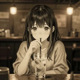 anime girl sitting and drinking in a cozy bar, 6, volumetric lighting, symmetrical face, detailed face, hyper real, pencil art, moody lighting, cute, comfy