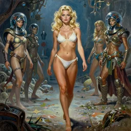 A mixed media painting of a very beautiful blonde woman walking through an alien environment, elegant, aesthetic!!! symmetrical face and eyes, piercing gaze, eighties pinup style, photorealistic, curvy, model, futuristic white-space-bikini, 60's cartoon-glass-helmet, by Frank Frazetta, Boris Vallejo, Donato Giancola,  Beeple, Greg Rutkowski, Christian MacNevin, epic fantasy character art, full length, high fantasy, prometheus, CGsociety, exquisite detail, post-processing, masterpiece, cinematic