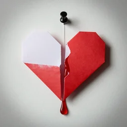 paper origami broken heart leaking blood from itself thumbtack pinned to a wall