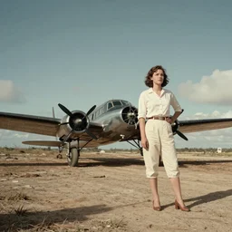 An old ultra high-resolution 8K photograph of Amelia Earhart and her Lockheed 5B Vega on a deserted South Pacific Island in 1937, fine art, trending on Artstation, 8k, photorealistic, hyper detailed, unreal engine 5, IMAX quality, cinematic, epic lighting