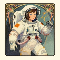 ( ( strong dither ) ), editorial illustration portrait of a young astronaut girl, colorful modern, modern art deco, art nouveau, fine texture, dynamic composition, detailed, matte print, dynamic perspective, muted color, lomography, ( ( risograph ) ), muted colors