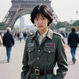 ektachrome, zoom lens, highly detailed : incredibly realistic, beautiful three point perspective portrait photo in style of chiaroscuro style 1 9 9 0 s frontiers in flight suit cosplay paris street photography, youthful asian demure, perfect features, cool haircut, athletic model, vogue italia fashion edition