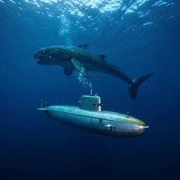 a submarine dives alone into a dark deep sea with a sea monster behind it