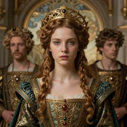 beautiful young medieval queen by magali villeneuve, iris van herpen, jean delville, james jean, art nouveau, pre - raphaelite, visionary, symbolist, detailed face portrait octane render, ornate garments, beautifully lit