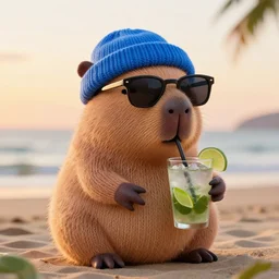 a photorealistic photograph of a knitted cute Capybara wearing sunglasses and dressed in a blue beanie cap. The subject is enjoying a refreshing Mojito drink at the beach during sunset. The image is Trending on Artstation, featured on Behance, well-rendered, fine detail, extra crisp image, Unreal Engine, 4K HD