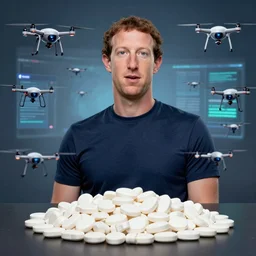 mark zuckerberg on a modafinil megadose with a swarm of autonomous drones running facebook's classified hunter killer software behind him