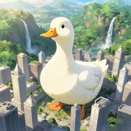 giant pure white duck god rules over the city, city ruled by giant duck overlord, ancient city with tall marble buildings in an evergreen valley, several waterfalls, landscape, global illumination, morning light, radiant light, bird's eye view, by makoto shinkai and lois van baarle, ilya kuvshinov, rossdraws, tom bagshaw