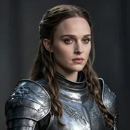 head and shoulders portrait of a female knight, young natalie portman, game of thrones, eldritch, silken hair, armored, etched breastplate, dragon scales, vogue fashion photo
