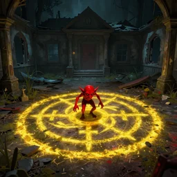 inside a haunted destroyed house, a sigil scribbled on the ground and the sigil shining yellow, the red goblin is sucked into the sigil and vanished on the ground, trending on artstation, wide view, cinematic view, cinematic, 8 k, digital photo, unreal engine, colored paint, colorful paint, scary style