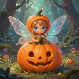 small beautiful fairy with blue eyes, a cute and geogerous pumpkin fairy in the dreamy forest, fantasy, dreamlike, 8 k resolution, hyper detailed, d & d, character design, digital painting, trending on artstation, sharp focus, illustration, art by viktoria gavrilenko, hoang lap, fuji choko, steve zheng,