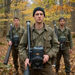 portrait of soldiers armed with leaf blowers in a fall forest, by Steve McCurry and David Lazar, natural light, detailed face, CANON Eos C300, ƒ1.8, 35mm, 8K, medium-format print