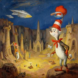 subterranean necropolis in the style of dr. seuss, starships, painting by thomas cole
