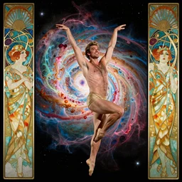 Nasa hubble telescope image of a super massive Michael Flatley dancing in space with colourful elaborate detailed gas nebulae in the style of 1920s art nouveau fans at the sides