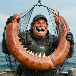 an imperfect journalistic portrait of a mecha fisherman, after he has caught a truly enormous frankfurter in his net. he grins proudly, baring his gargantuan razor sharp teeth like blades of a professional food processor