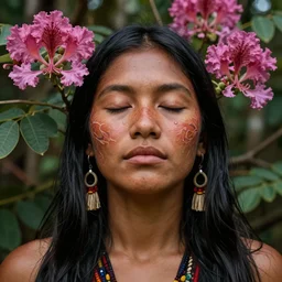 a beautiful portrait of a beautiful indigenous woman with eyes closed in the amazon jungle surrounded by pink calliandra angustifolia flowers, face paintings, matte painting, by christophe vacher