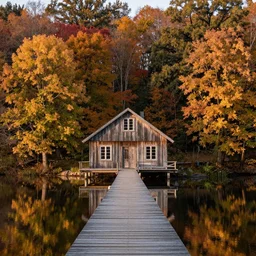 a autumn forest, with a rustic house in front of a lake, at sunrise, with a pier from the house that leads to the lake