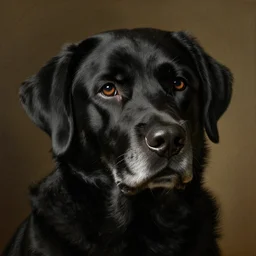 portrait of an old black labrador dog's face in baroque style. dutch masters style. detailed. hq. masterpiece.