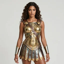 greek amazon female warrior, a tall beautiful woman with brown skin and long curly dark hair, dressed in hellenistic body armour, intricate, elegant, highly detailed, smooth, sharp focus, detailed face, high contrast, graphic novel, art by laurie greasley