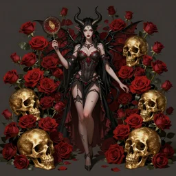 dark fantasy female demon surrounded by roses and golden skulls, fullbody view, wide angle view, highly detailed, qichao wang, artgerm, cushart krenz, zeronis, trending on artstation, soft light, sharp edges, illustration, character design, concept art