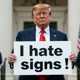 a photo of Donald Trump holding a sign that says 'I hate signs !', cinematic