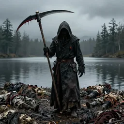 a dark figure in a dark hood wieling a scythe with blood on it stand by a lake full of dead bodies, intricate details, by greg rutowski, 8 k, octane render, high resolution