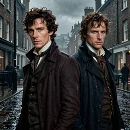 a detailed matte portrait of jensen ackles and jared padalecki in a supernatural sherlock holmes story, 1 8 th century london in the rain, city streets, ominous, masterpiece, 8 k, art by alphonse mucha and greg rutkowski