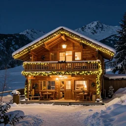 Playrix Fishdom event room, chalet lit by garlands in the mountains on a winter night