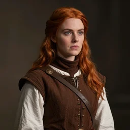 a portrait of a white woman in her twenties, she has long orange brown hair, wearing a white shirt, brown turtleneck vest, medieval, style by donato giancola, wayne reynolds, jeff easley dramatic light, high detail, cinematic lighting, artstation, dungeons and dragons