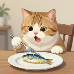 a cute painting of a surprised cat caught in the act of stealing a fish off of a dinner plate