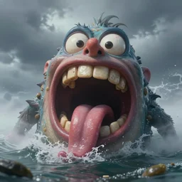 of an intricate stormy ocean with large strange goofy drunk creatures with big mouth, long tongue, weird nose, and square teeth appearing from the misty waters, in the style of antonio berni, macro lens, shallow depth of field, highly detailed, digital painting, trending artstation, concept art, illustration, cinematic lighting, vibrant colors, photorealism, epic, octane render