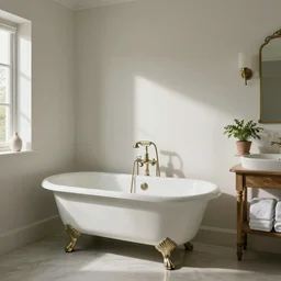 an antique bathroom, clean architecture, a clawfoot bathtub, towels table, some plants, daylight, peaceful, sir edmund leighton