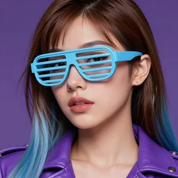 closeup painting of a very beautiful young mexican cyberpunk woman wearing light blue shutter shades, one side haircut, long brown hair with light blue ends, purple leather jacket, portrait, hyperdetailed, artstation, cgsociety, 8 k, synthwave image