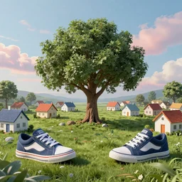 A village where all the houses are made of very realistic sneakers, a huge realistic tree in the middle of the village, illusion of divine transparent multi-colored clouds, very long grass behance hd, 8k