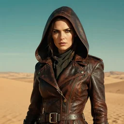 female raider wearing a leather duster in the middle of a desert, face covered by a hood, Mad Max, stunning portrait headshot, very very beautiful, award-winning scifi digital art