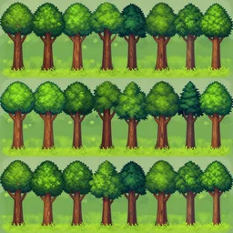 a video game sprite sheet of fantasy forest trees