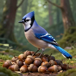 blue jay with a pile of acorns in a forest, digital art, detailed, fantasy, unreal engine