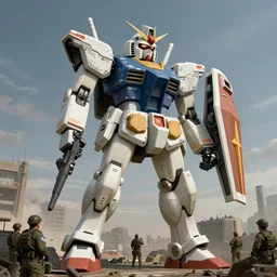 an intricate concept art of a military crew inspecting a gundam mechanical robot, style by ridley scott and michael bay, ditailed matte painting