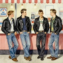 norman rockwell, edwin lord weeks, watercolour painting, greaser biker gang, black leather jackets, greaser biker gang hanging out at the ice cream parlour