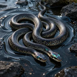 photo hyperdetailed of snakes in a shiny iridescent oil slick wave, black opal, spirals, octane render, 8 k 3 d