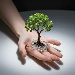 a female hand made of crytals rests on a white table, the open hand has a small tree growing from the palm, dramatic lighting, masterpiece, ultra detailed