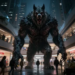in the style of artgerm, steve niles, rafael albuquerque, large hairy werewolf, shopping mall at night, horror scary terror
