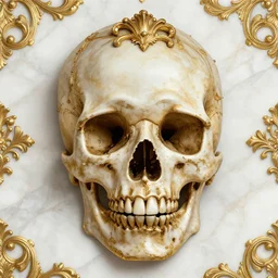 beautiful portrait of a large ornate and intricate rococo skull, hyper detailed, gold plated on white marble, wallpaper pattern