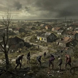 wide angle shot of post apocaliptic rural town plagued with zombies in the style greg rutkowski and alphonse mucha