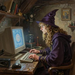 fantasy oil painting, wizard gaming on a 9 0 s computer, as a dnd character, inside a cluttered lab, cottagecore, extremely detailed, bookcover illustration, concept art, readability, smooth, sharp focus, art by brothers hildebrandt, art by alex grey