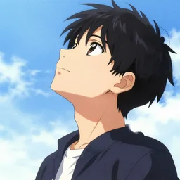 illustration of an anime character looking up in the sky, drawn by takehito harada