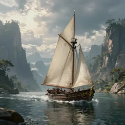 sailing along a calm fantasy river, exquisite, volumetric lighting, 8 k octane beautifully detailed render, post - processing, extremely hyper - detailed, intricate, epic composition, cinematic lighting, masterpiece, trending on artstation, stunning art by federic edwin church, by marc simonetti, beautiful cinematic light