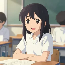 a delightful young girl to have in class, anime concept art by Makoto Shinkai