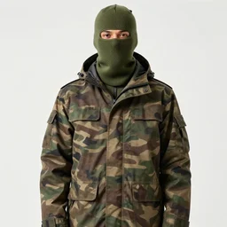 photograph of a man in a camouflage coat wearing a green balaclava standing next to a road sign while holding a Thompson gun