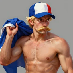 portrait of a french crossfiter upper part of the body, he carries a french flag cap and got blond hairs with a mustache, powerful, musculated, he got a big french musctache, by aenaluck, artgerm and roberto ferri and greg rutkowski, digital painting, artstation, concept art, smooth, sharp foccus ilustration hq