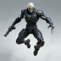a muscular, athletic cyborg assassin in skin - tight futuristic armor, skull face, berserk, metal claws, futuristic gun, leaping, attacking, full body, alphonse mucha